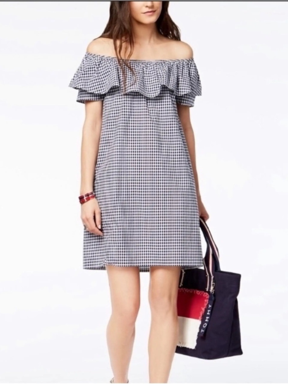 Tommy Hilfiger Navy and White Gingham Off-Shoulder Ruffle Dress